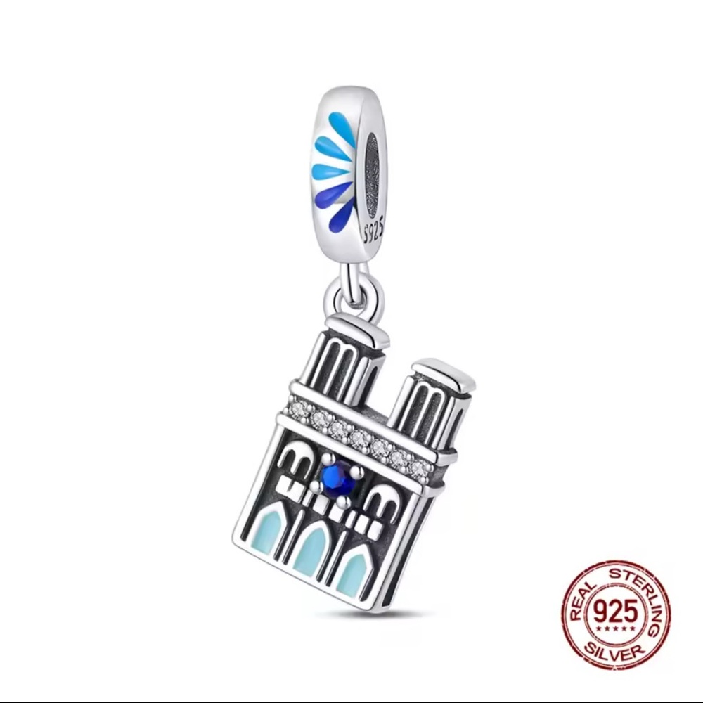 Elegant S925 Silver Cathedral Pendant with Blue and Black Accents
